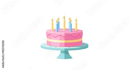 Pink birthday cake with candles on a blue cake stand.