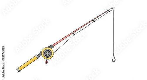 Illustration of a fishing rod with a yellow handle and a hook hanging from the line.