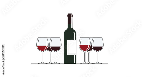 Illustration of a wine bottle with a blank label and four glasses of red wine.