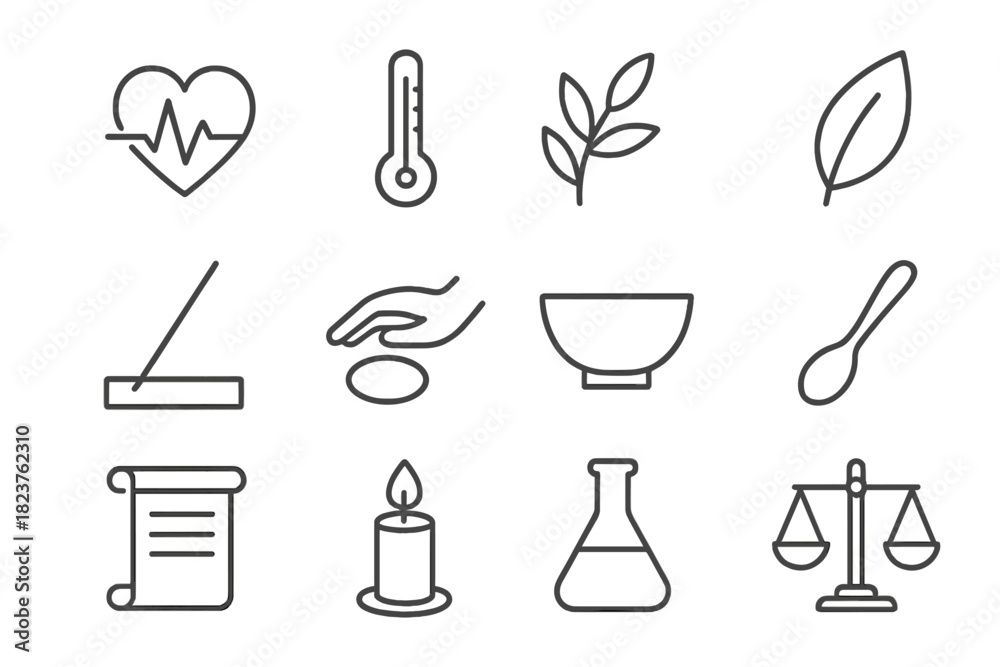 Fototapeta premium Diagnosis Therapy Icons. Line style icons of Diagnosis & Therapy: Pulse, Thermometer, Herb, Leaf; Acupuncture Needle, Massage Hand