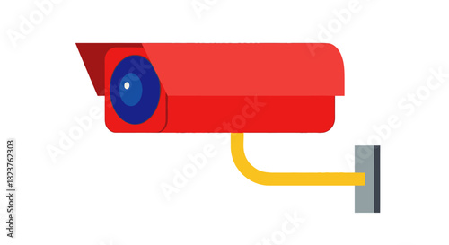 Red security camera mounted on a wall, surveillance equipment.