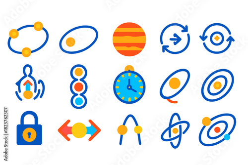 Orbital Resonance Icons. Flat vector icons of orbital resonance: three-moon resonance chain, elliptical orbit path, Jupiter