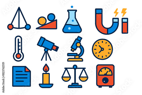 Historical Experiment Icons. Flat vector icons of Historical Experiments: Pendulum, Galileo’s Ball, Chemistry Flask, Magnet,