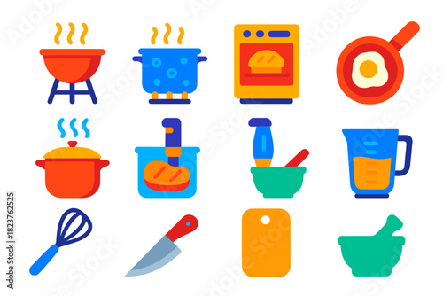Modern Cooking Icons. Flat vector icons of Cooking Techniques: Grilling, Boiling, Baking, Frying Pan, Steaming Pot, Sous Vide,