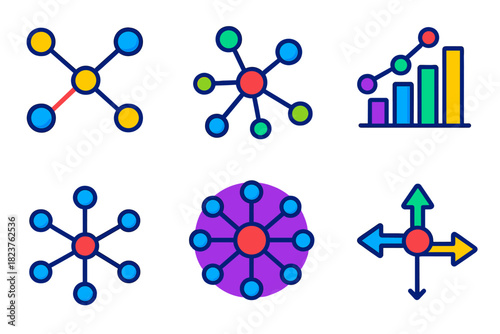Centrality Measures Icons. Isometric vector illustration set Centrality Measures: betweenness graph, degree node size, eigenvector