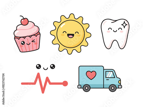 Cute cartoon kawaii objects and symbols collection