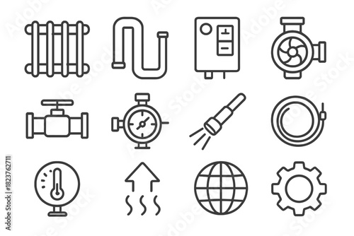 Heat Distribution Icons. Line style icons of Heat Distribution: Radiator, Pipe, Thermostat, Pump; Valve, Flow Meter, Sensor, Cable