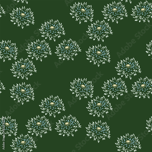 Seamless vector pattern with stylized chrysanthemum blooms in soft cream and blue tones on a deep forest green background. Elegant floral repeat ideal for textiles and decor