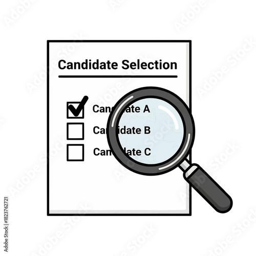 Candidate selection checklist magnifying glass, line vector, black white, recruitment voting evaluation