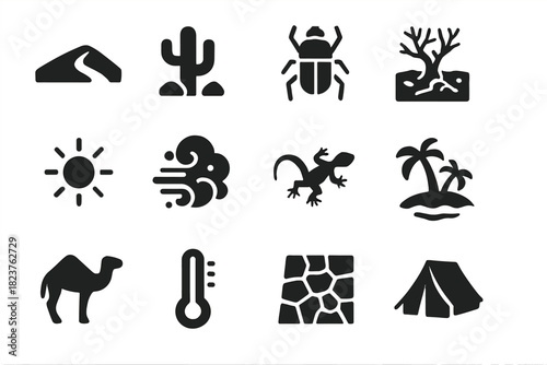 Arid Zone Icons. Solid style icons of Arid Zone Research: dune, desert plant, adapted species, desertification, sun, sandstorm,