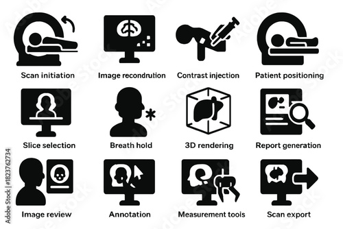Radiology Procedure Icons. Solid style icons of radiology procedures: scan initiation, image reconstruction, contrast injection,