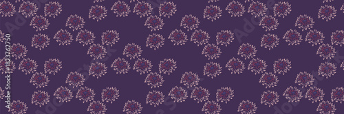 Seamless vector pattern featuring stylized chrysanthemum blooms in soft blush and deep red tones on a rich purple background. Elegant floral design for textiles and stationery