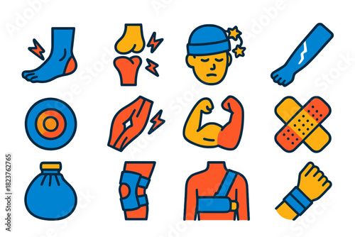 Sports Injury Icons. Flat vector icons of Sports Injuries: Sprained Ankle, Torn Ligament, Concussion, Fracture, Bruise, Muscle