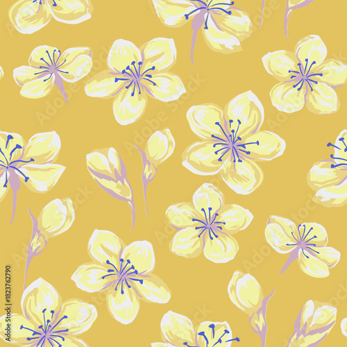 Seamless vector floral pattern with large hand painted yellow blossoms, soft lavender accents, and bold blue stamens on a warm golden background. Vibrant artistic design for textiles and decor