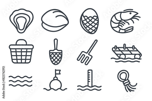 Shellfish Production Icons. Line style icons of Shellfish Production: Oyster, Clam, Mussel, Shrimp; Basket, Net, Rake, Raft; Water