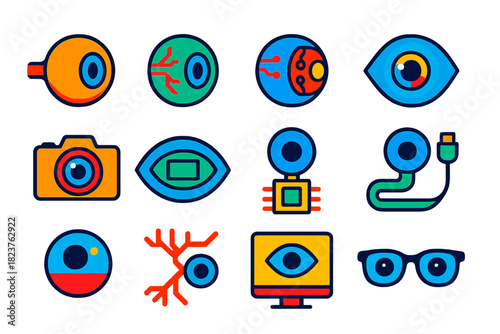 Bionic Eye Icon Set. Flat vector icons of Bionic Eyes: Eyeball, Retina Sensor, Circuit, Lens, Camera, Vision Display, Control Chip