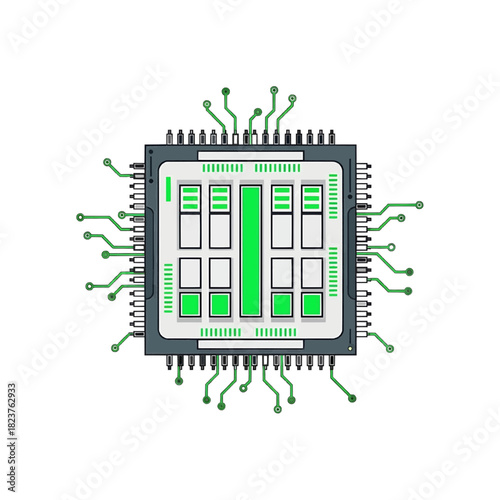 Computer CPU chip with green circuitry, technical illustration, green gray, computing power processing