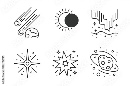Cosmic Phenomena Icons. Line style icons of Cosmic Phenomena: meteor shower, solar eclipse, aurora, pulsar, supernova, asteroid