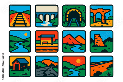 Forgotten Railway Icons. Flat vector icons of Forgotten Railway Landscapes: empty track, foggy bridge, overgrown tunnel, ruined