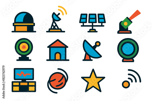 Future Observatory Icons. Flat vector icons of Future Observatories: Dome, Radio Telescope, Satellite Array, Laser, Detector,
