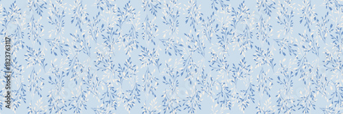 Seamless vector pattern with delicate small branches, soft white and blue leaves on a pale sky blue background. Fresh, airy and light decorative designs for textiles, spring packaging