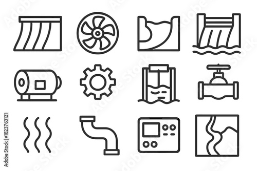 Hydropower Line Icons. Line style icons of Dams & Hydropower: Dam Wall, Turbine, Reservoir, Spillway; Generator, Gear, Gate, Valve