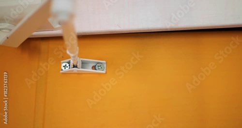 Hydraulic Mechanism of Automatic Yellow Entrance Door Closer, Device Slowly Closing Door with Sound, Building Security Control Technology, Commercial Office Access System Operation