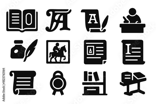 Historical Manuscript Icons. Solid style icons of historical manuscripts: codex, illuminated letter, vellum, scribe, ink bottle,