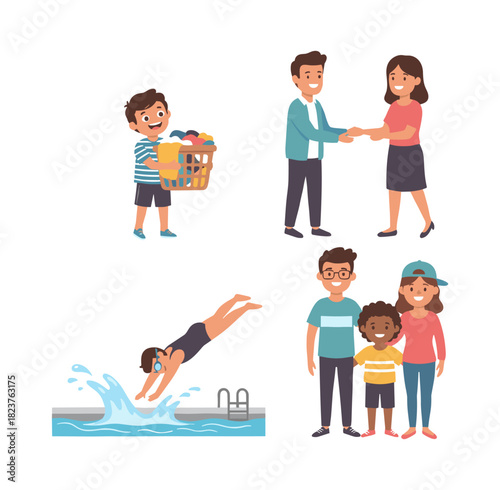 People doing various daily life and family activities