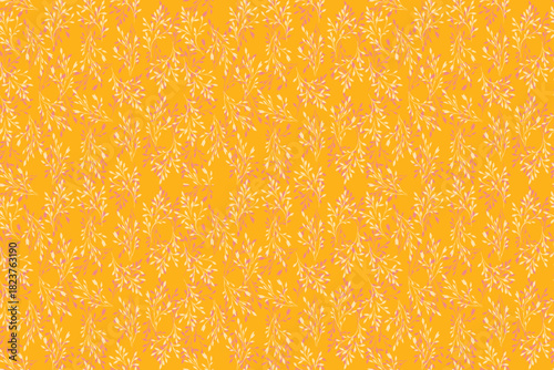 Vibrant seamless vector pattern with delicate small branches, soft cream leaves and pink accents on a warm mustard yellow background. Lively, decorative and for textiles and packaging