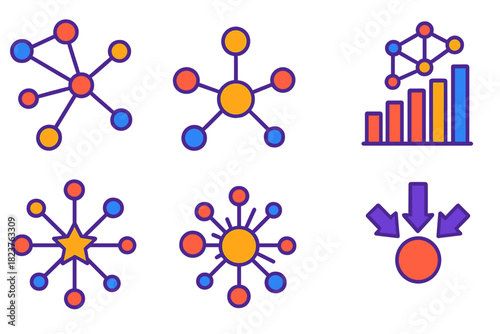 Centrality Measures Icons. Isometric vector illustration set Centrality Measures: betweenness graph, degree node size, eigenvector