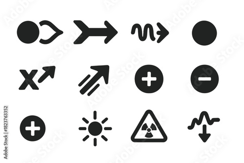 Radiation Icons. Solid style icons of radiation types: alpha particle, beta particle, gamma ray, neutron, X-ray, cosmic ray,