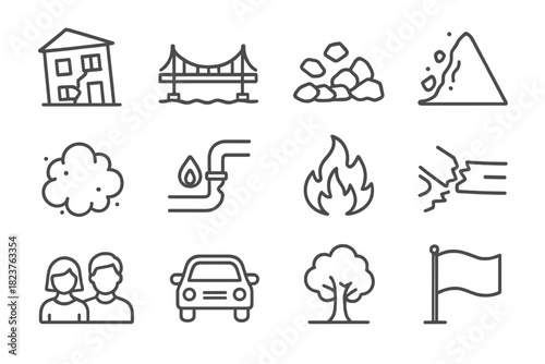 Earthquake Effects Icons. Line style icons of Earthquake Effects: Cracked Building, Fallen Bridge, Rubble, Landslide; Dust Cloud,