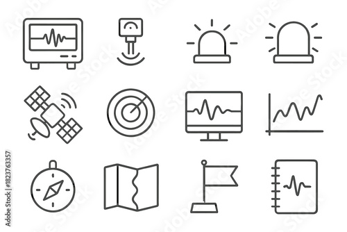 Earthquake Monitoring Icons. Line style icons of Earthquake Monitoring: Seismograph, Sensor, Alarm, Data Logger; Satellite, Radar,