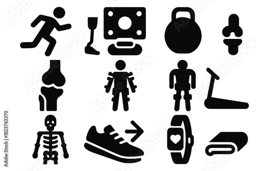 Motion and Prosthetics Icons. Solid style icons of Motion and Prosthetics: running human, prosthetic leg, motion capture sensor,