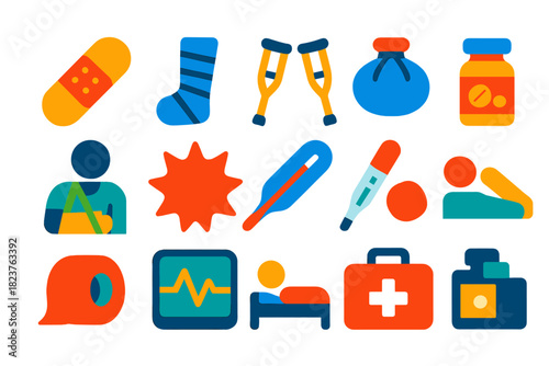 Injury Recovery Icons. Flat vector icons of Injury Recovery: Bandage, Cast, Crutches, Ice Pack, Sling, Pain Icon, Thermometer,