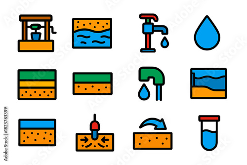 Groundwater Icon Set. Flat vector icons of Groundwater: Well, Aquifer, Water Pump, Drop Icon, Subsurface Layers, Soil, Pipe,