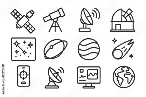 Space Observation Icons. Line style icons of Space Observation: Satellite, Telescope, Radar, Observatory Dome; Star Map, Orbit