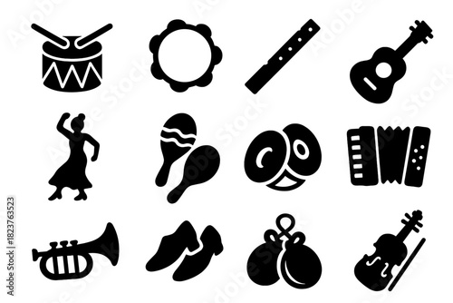 Music and Dance Icons. Solid style icons of music and dance: drum, tambourine, flute, guitar, dancer, maraca, cymbals, accordion,