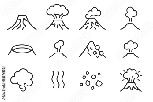 Volcanic Activity Icons. Line style icons of Volcanic Activity Signs: Lava Flow, Ash Cloud, Pyroclastic Flow, Steam Vent; Crater,