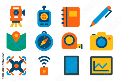Surveying Icons Set. Flat vector icons of Surveying & Data Collection: Theodolite, GPS Device, Notebook, Pen, Map, Compass,