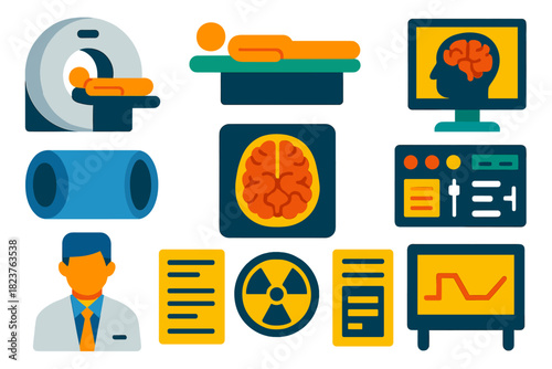 CT Scan Icon Set. Flat vector icons of CT Scans: CT Scanner, Patient, X-ray Slice, Monitor, Tube, Control Panel, Doctor, Radiation
