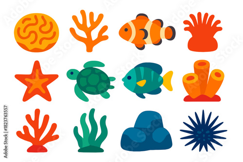 Vibrant Coral Icons. Flat vector icons of coral reefs: brain coral, staghorn coral, clownfish, sea anemone, starfish, sea turtle,