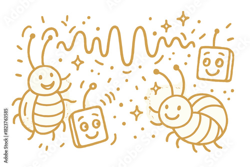 Happy Insect Signals. Cheerful doodle vibrational signal transmission with happy insects tapping, cartoon waves bouncing along