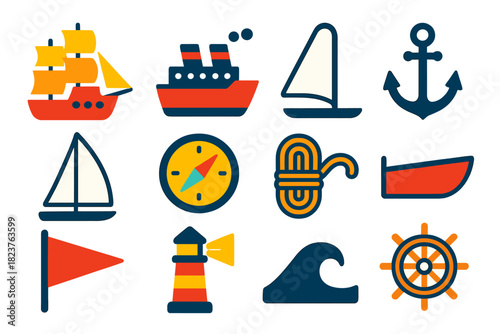 Maritime Transport Icons. Flat vector icons of maritime transport: sailing ship, steamship, lifeboat, anchor, sail, compass, rope