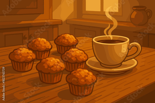 Cozy Kitchen Morning. Rustic kitchen table with freshly vector illustration baked muffins and a steaming coffee cup, soft warm