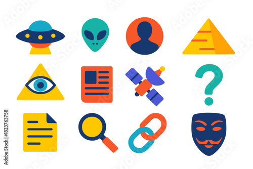 Conspiracy Icon Set. Flat vector icons of Conspiracy Myths: UFO, Alien, Shadow Figure, Pyramid, Eye Symbol, Newspaper, Satellite,