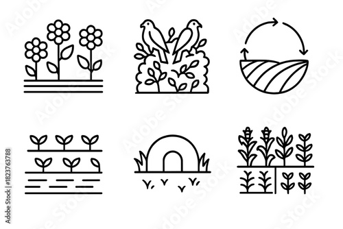 Habitat Management Icons. Line style icons of Habitat Management: flowering strip, hedgerow with predators, crop rotation field,