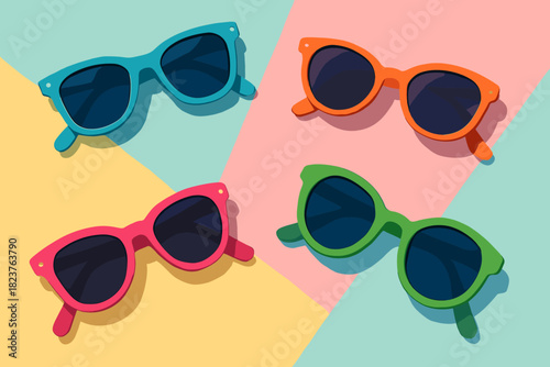 Vibrant Sunglasses Display. Flat lay of vibrant sunglasses on a pastel background, modern and playful design, dynamic composition,