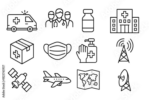 Global Health Response Icons. Line style icons of Global Health Response: Ambulance, Medical Team, Vaccine Vial, Hospital; Aid